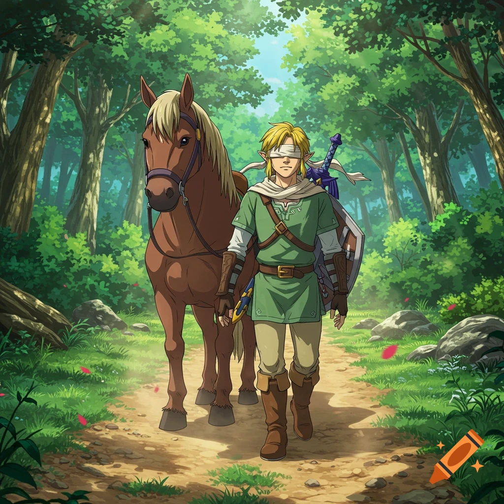 Anime illustration of a blindfolded character resembling Link walking a horse down a forest path with sword and shield.