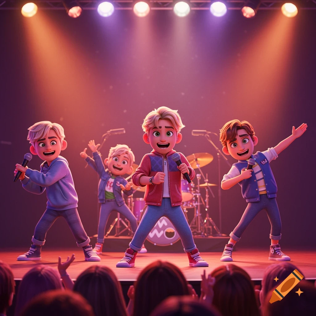 Four animated boys perform on stage with microphones under colorful concert lights, viewed from the audience.