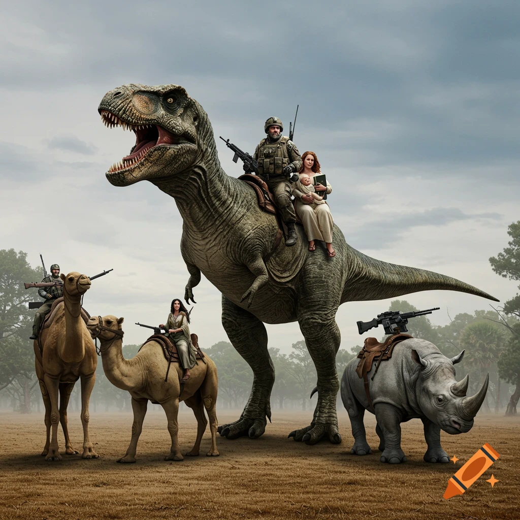 Photorealistic image of people with weapons riding a T-Rex, camels, and a rhino in a field.