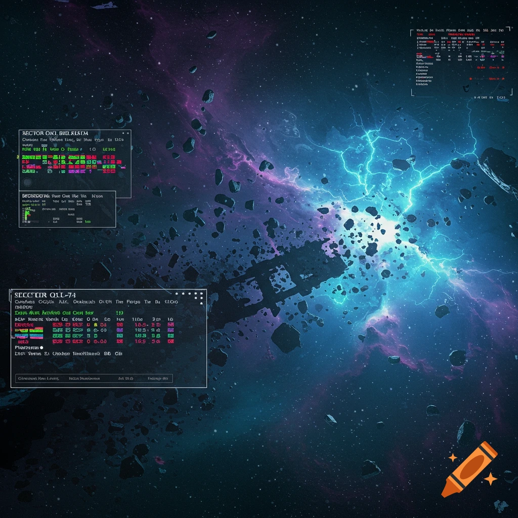 A space scene with asteroids, an energy burst, and sci-fi HUD elements.