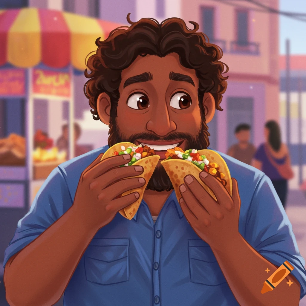 A man with a beard is eating two tacos outdoors.