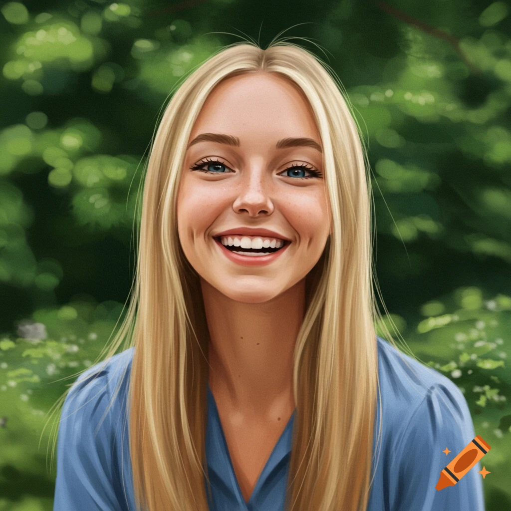 A smiling young woman with long blonde hair wears a blue shirt against a green background.