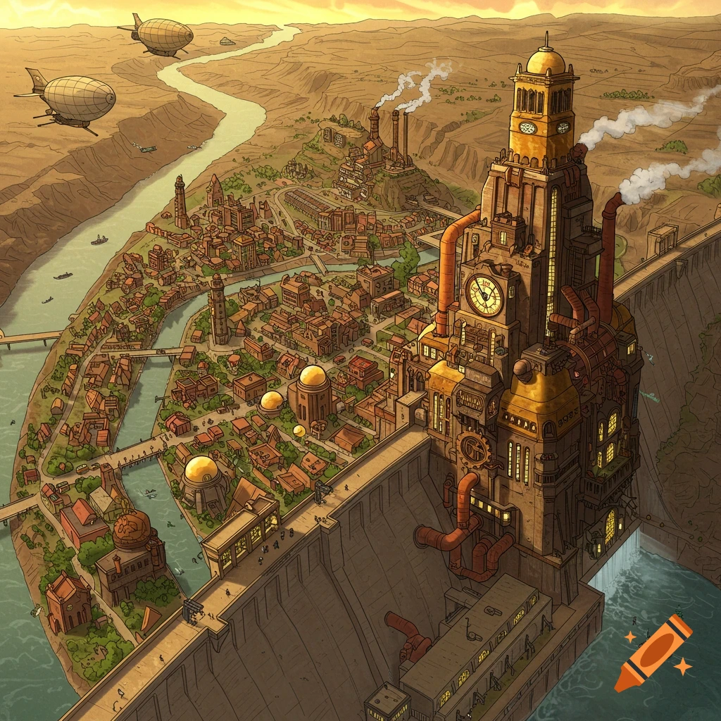 Aerial view of a steampunk city built on a large dam, with airships flying overhead.