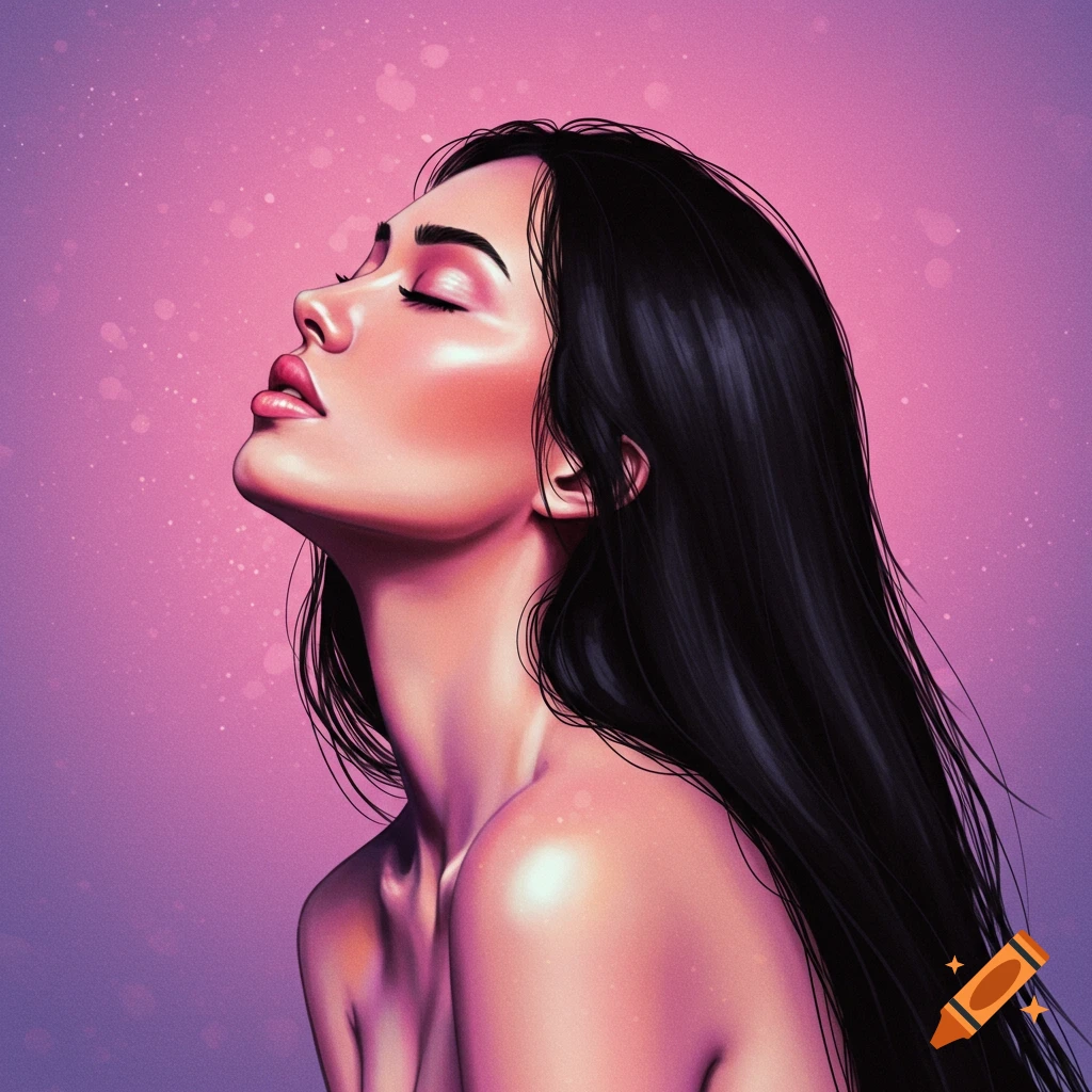 Painting of a woman with dark hair, eyes closed, looking up against a pink and purple background with particles.