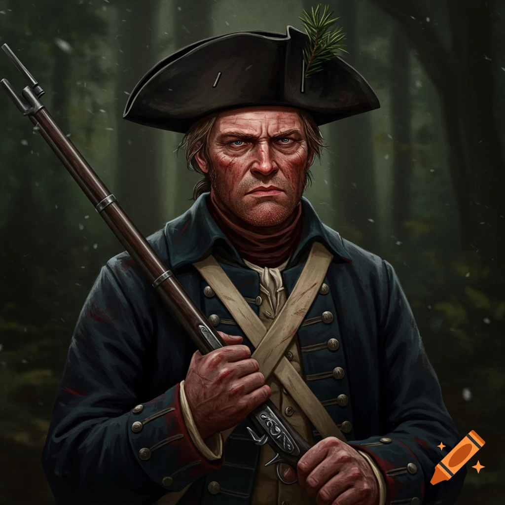Grim-faced Revolutionary soldier with a sprig in his hat holds a rifle in a snowy forest.