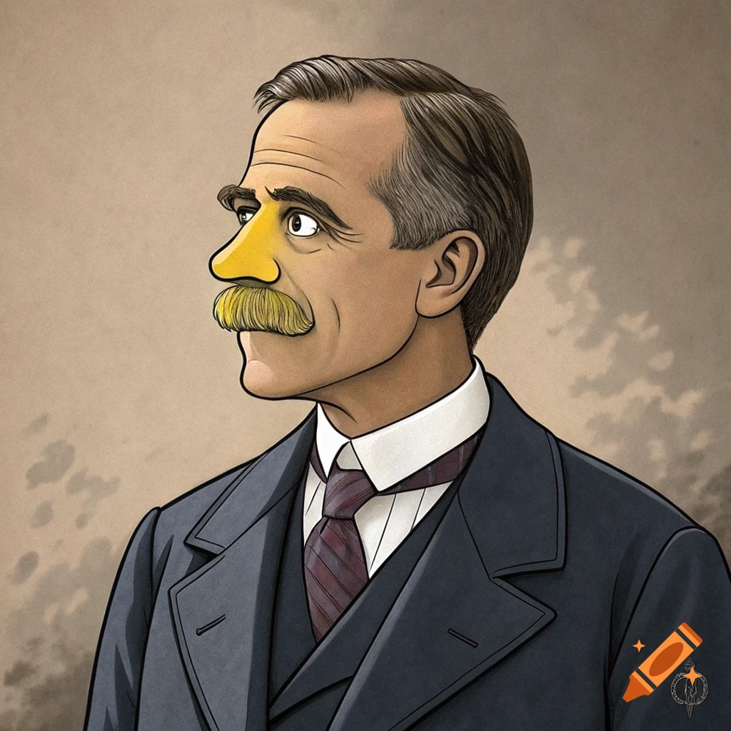 Cartoon portrait of a man in a suit with a yellow nose and mustache