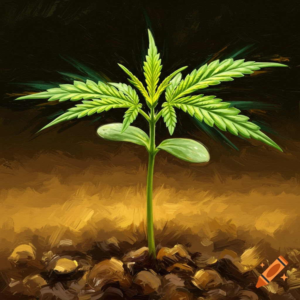 A green cannabis seedling is growing from brown soil.