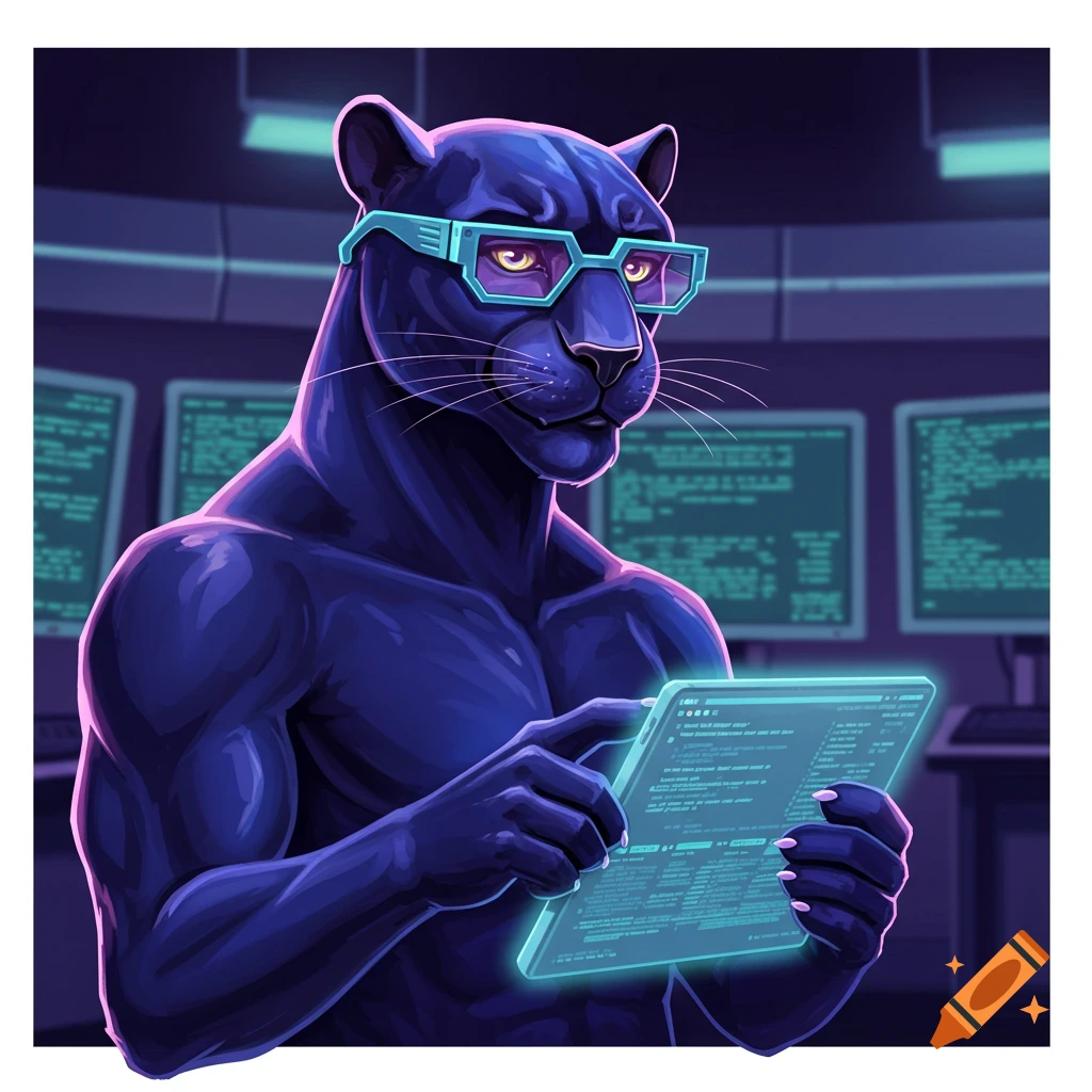 A black panther wearing futuristic glasses looks at a glowing tablet in a control room.