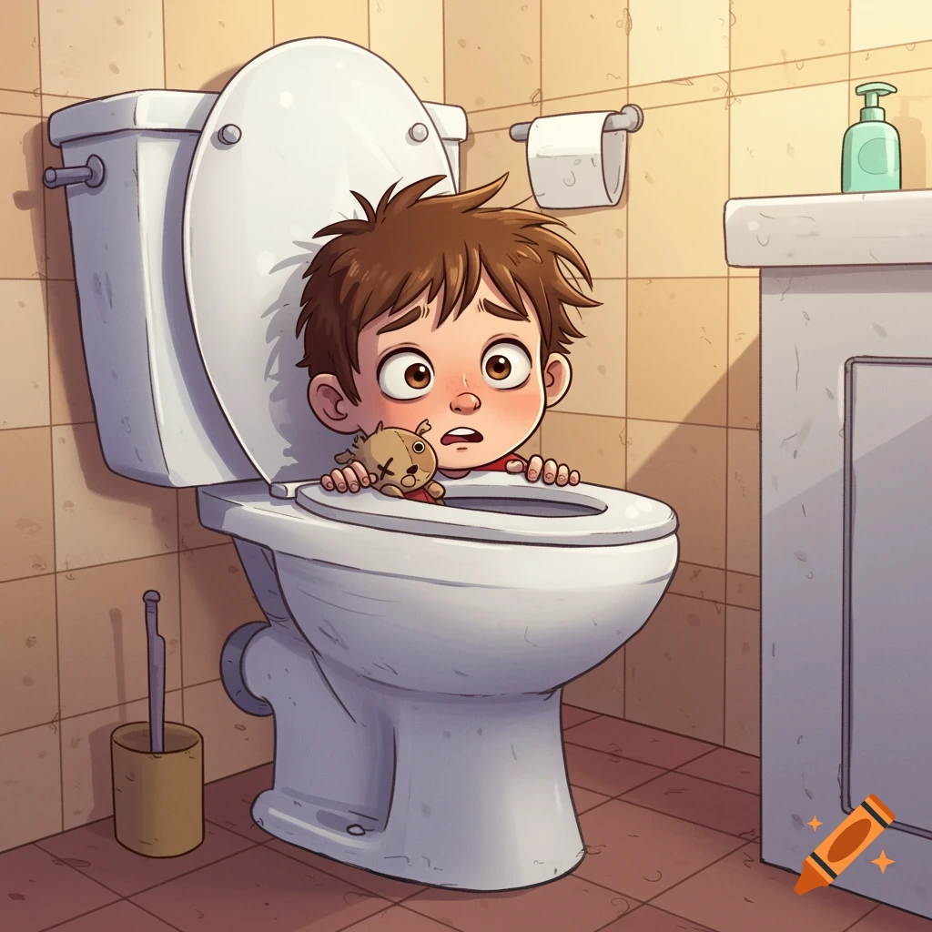 Cartoon image of a scared child hiding behind a toilet with a stuffed animal.