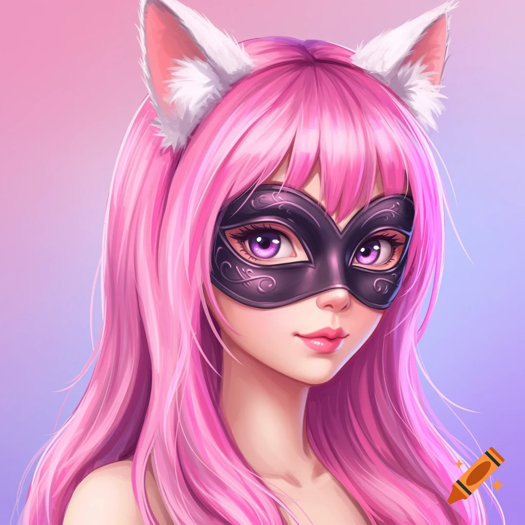 Girl with pink hair, cat ears, and black mask.