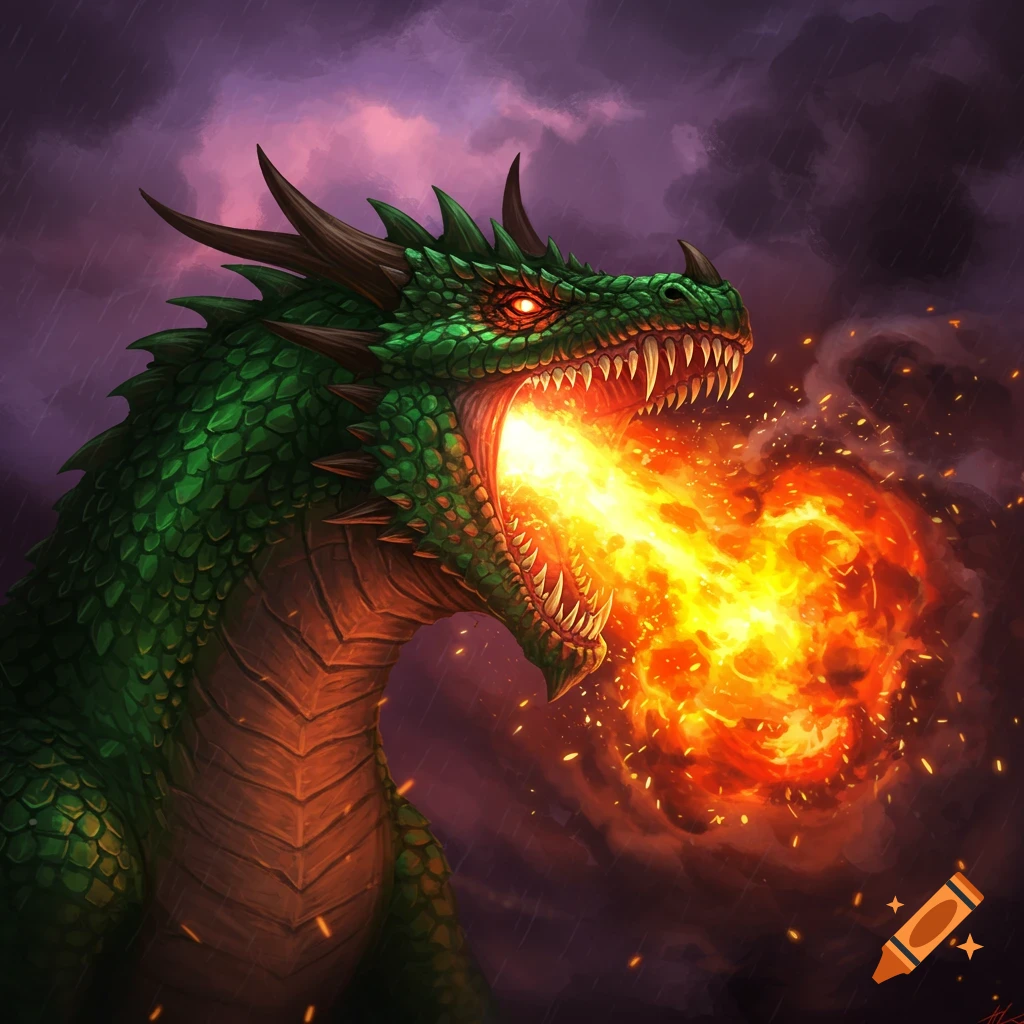 A green dragon breathes fire under a stormy sky.