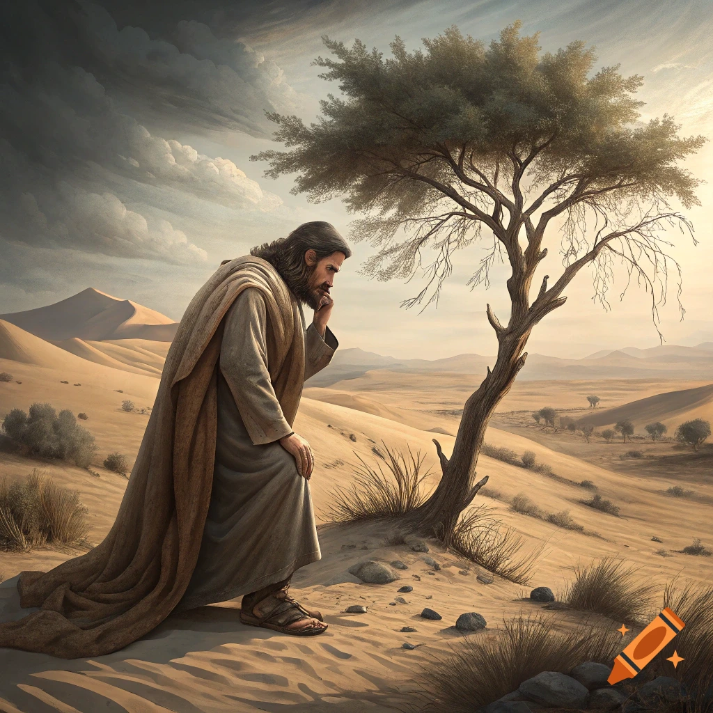 Man in robes kneeling in a desert landscape next to a tree under a cloudy sky.