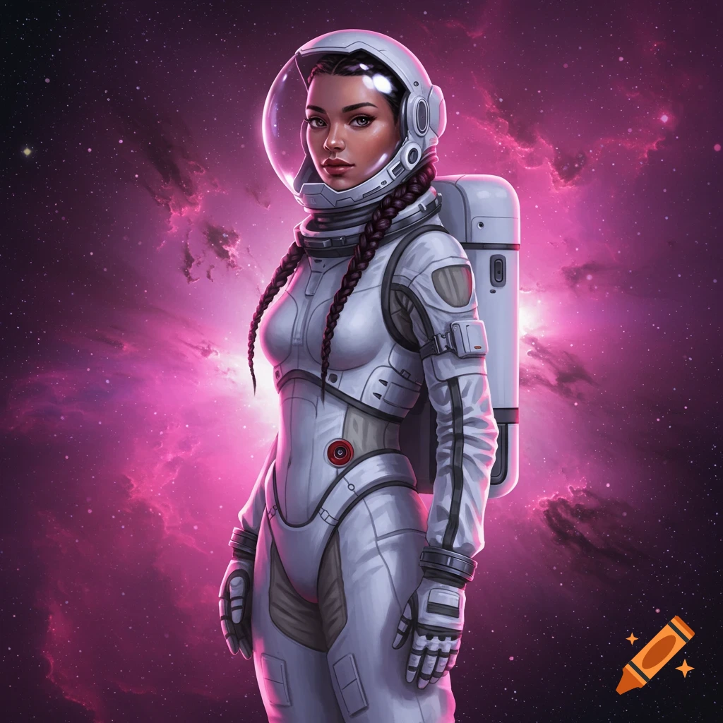 A woman in a spacesuit stands before a pink nebula.