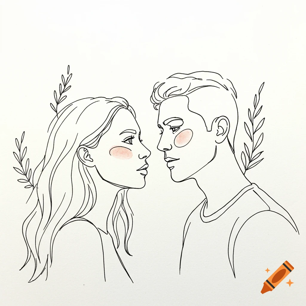 Minimalist line art illustration of a man and woman's faces facing each other, with branches.