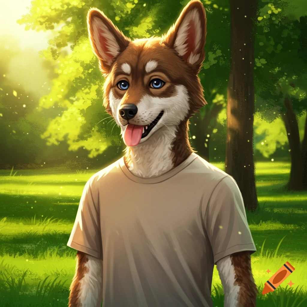 An anthropomorphic dog in a t-shirt in a park.
