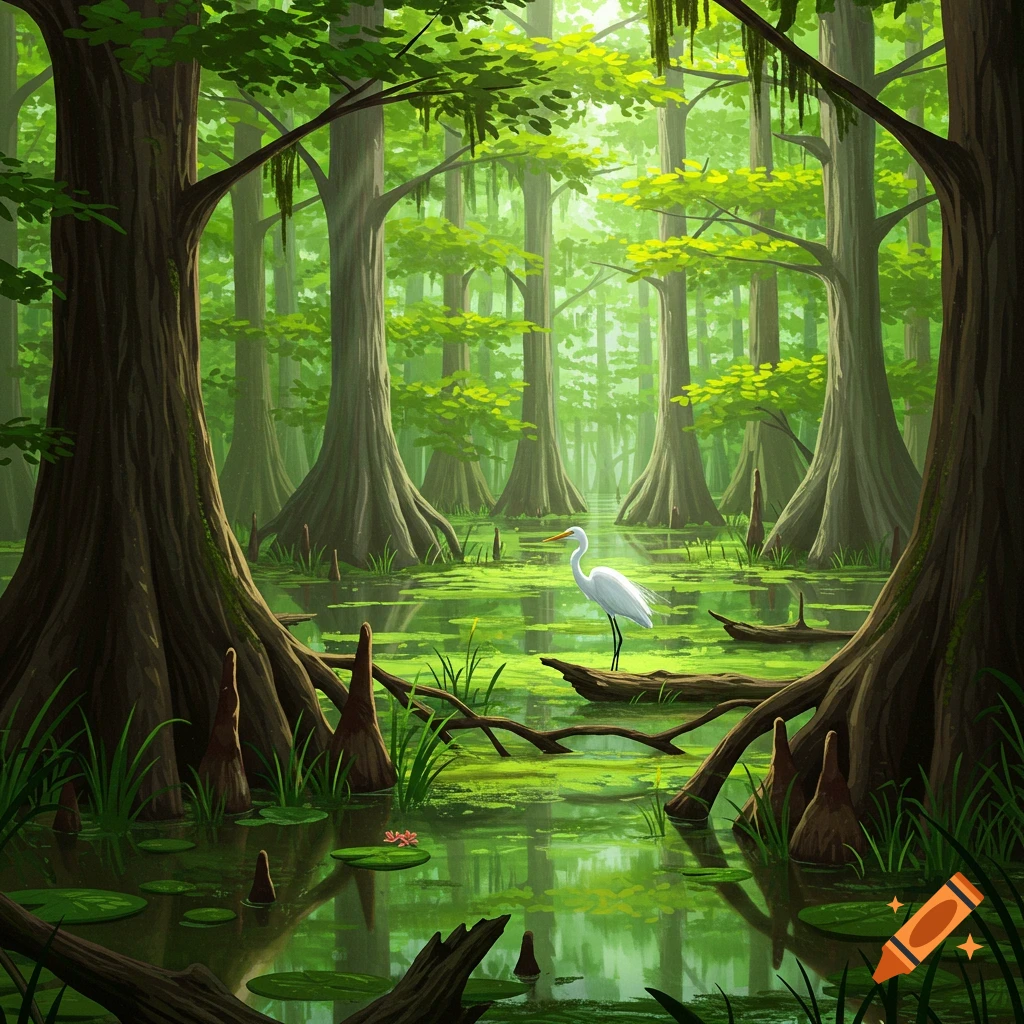 An egret standing on a log in a lush green swamp.