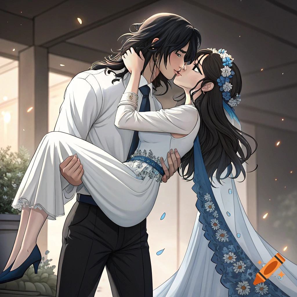 Anime illustration of a man carrying and kissing a woman in a wedding dress.