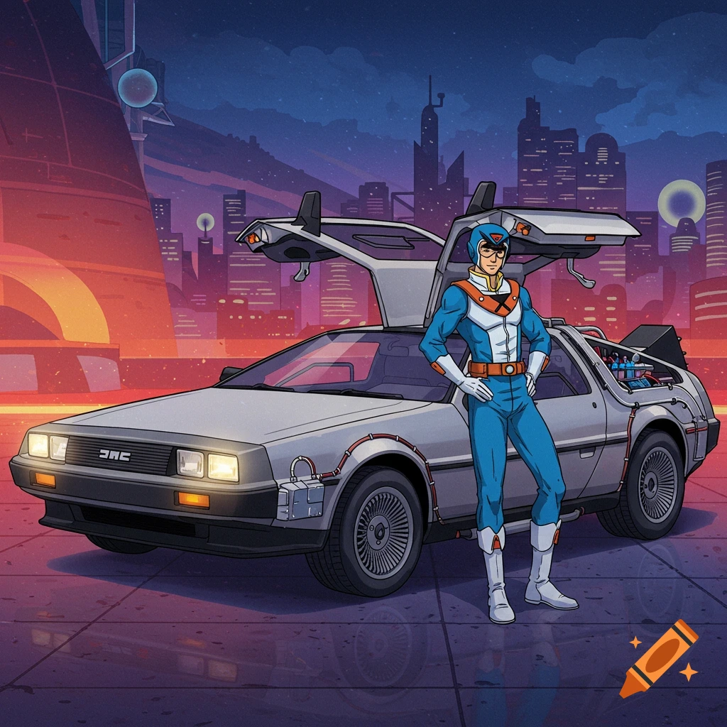 Cartoon character in blue suit stands next to a DeLorean with gull-wing doors open in a futuristic city at night.