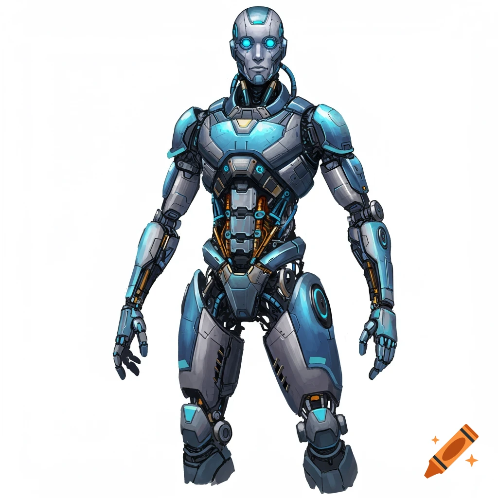 A full body image of a futuristic blue and grey robot standing upright with glowing blue eyes.