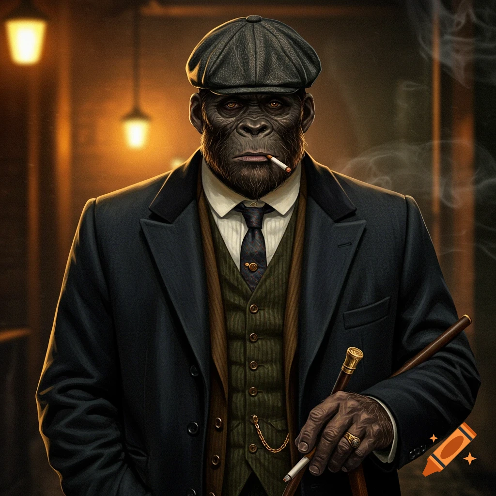 An anthropomorphic ape is dressed in a suit, vest, and newsboy cap. He holds a cane and smokes a cigarette.