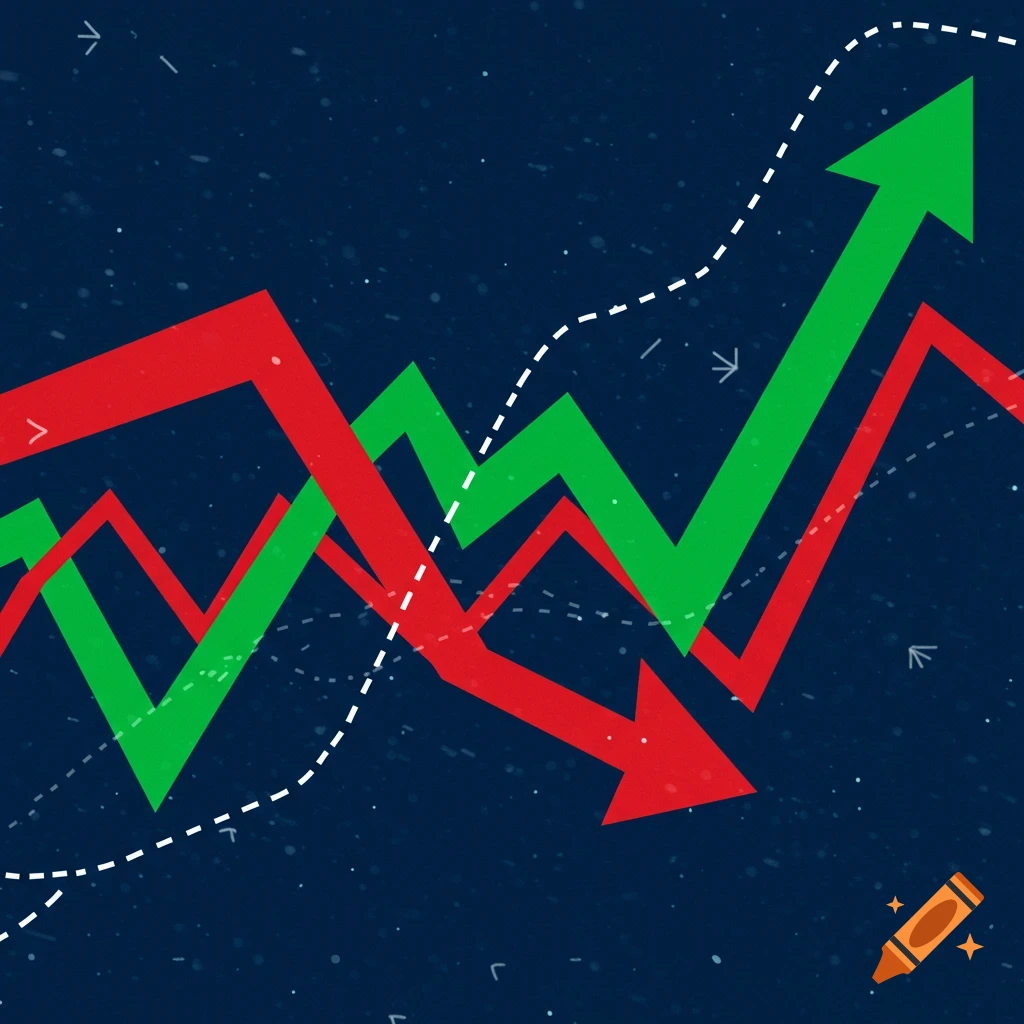 Red and green stock market arrows on a dark background with dashed lines.