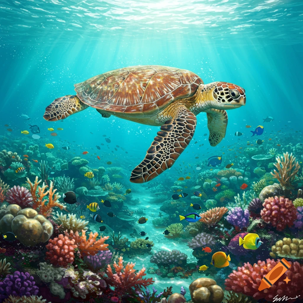A sea turtle swimming above a vibrant coral reef with colorful fish.