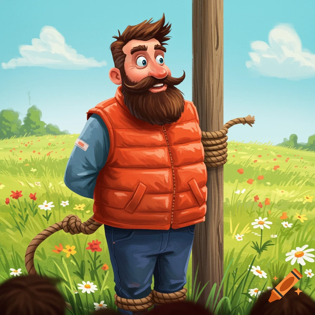 Cartoon illustration of a bearded man tied to a pole in a field
