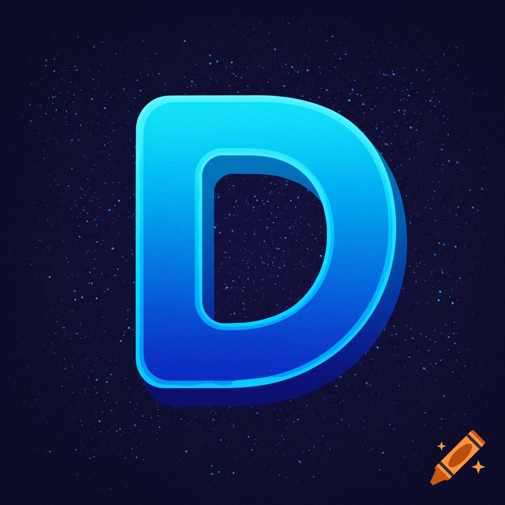 A large blue 3D letter D with a gradient on a dark background with speckles of white dots.