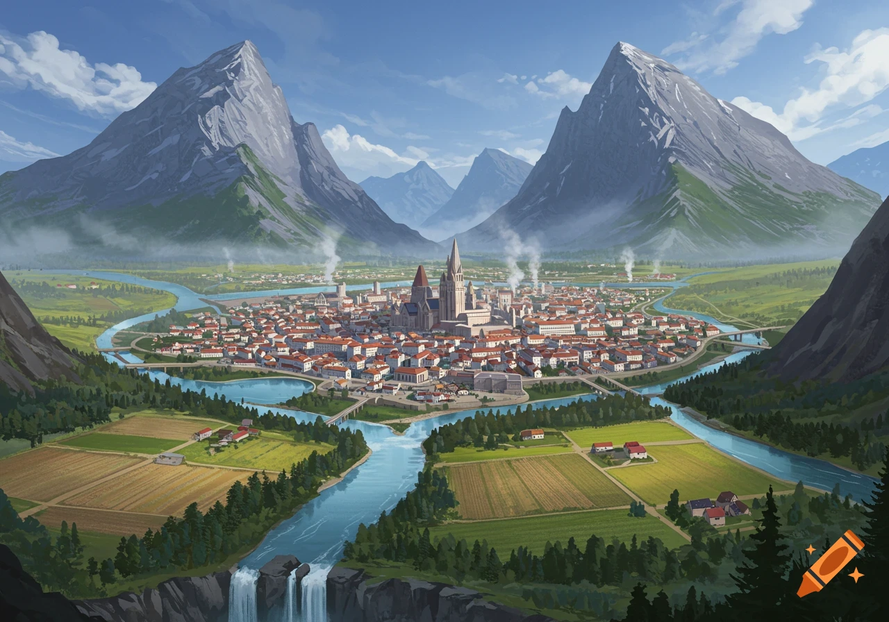 A city in a valley between mountains, surrounded by rivers and farms.