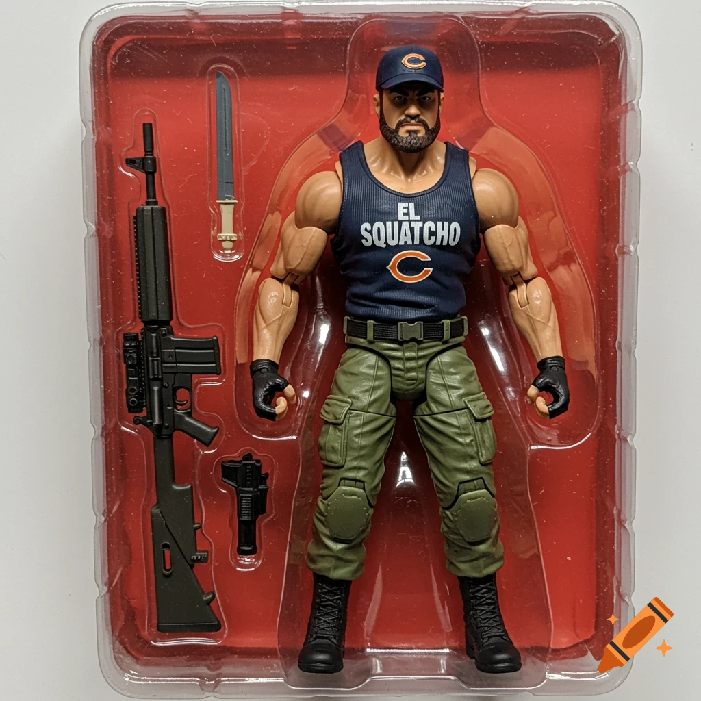 Action figure of a muscular bearded man in packaging, wearing a navy blue hat, 'EL SQUATCHO' tank top, cargo pants, boots, and holding accessories.