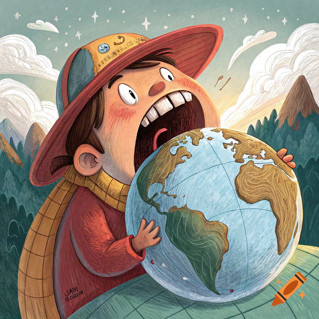 Cartoon boy with a big mouth eating a globe in a stylized landscape illustration.