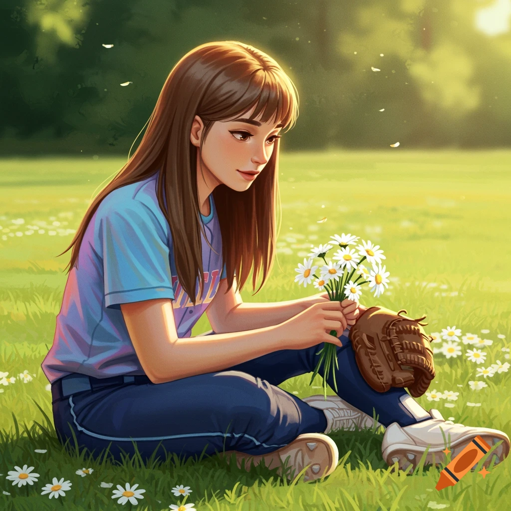 A softball player sits in a field of daisies, holding flowers.