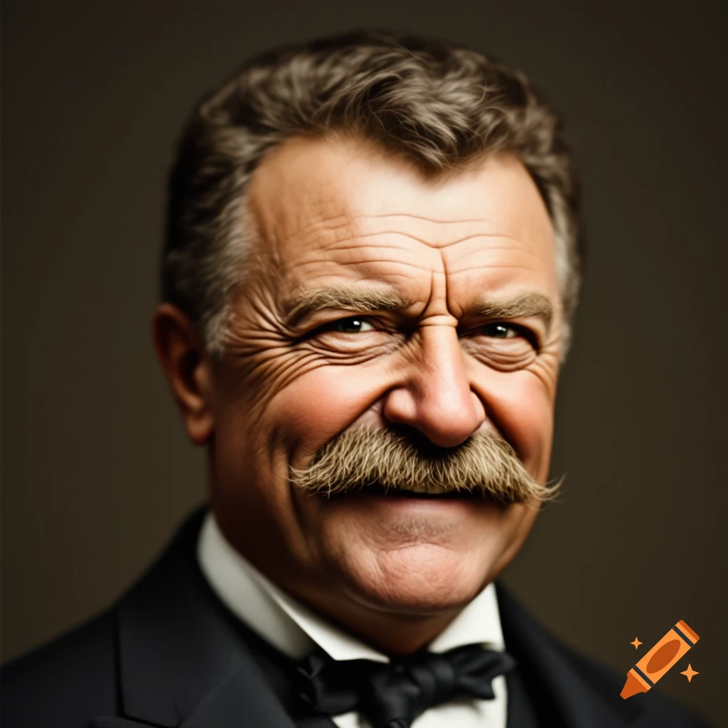 Photorealistic close-up portrait of a smiling man with a mustache in a suit and bow tie.