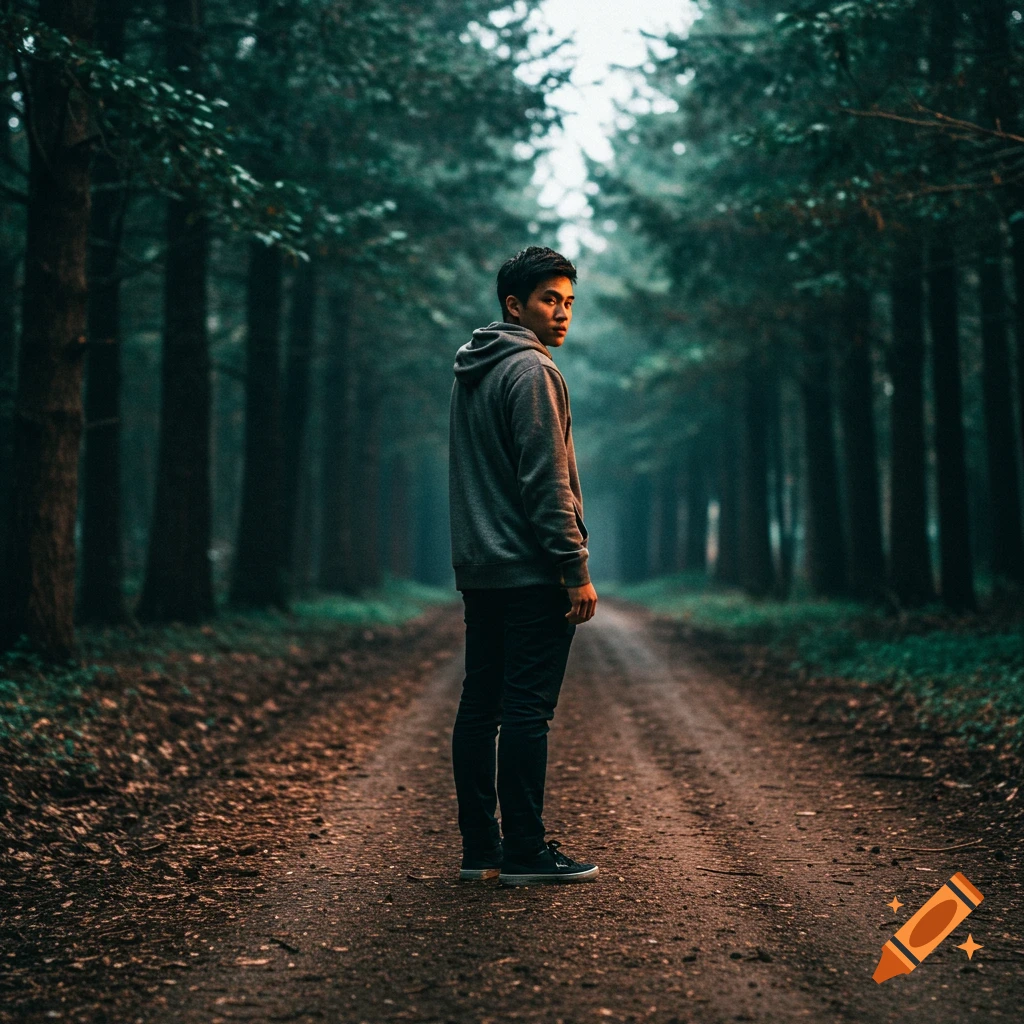 Young man stands on a dirt path in a dark forest, looking over his shoulder.