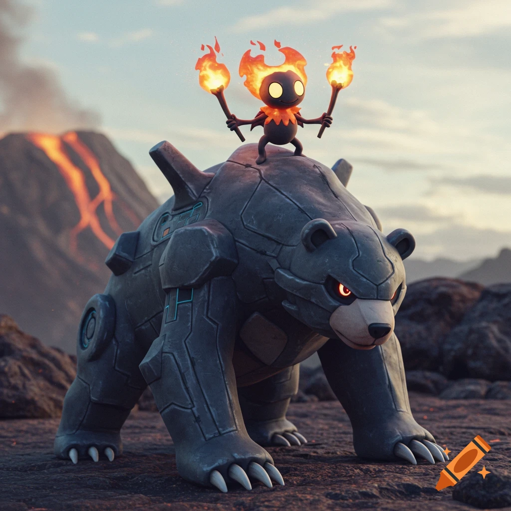 A mechanical bear-like creature with a fire imp riding on its back stands on volcanic ground with an erupting volcano.
