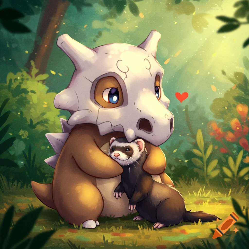 A drawing of Cubone hugging a ferret in a forest clearing.