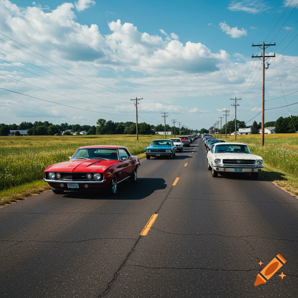 A line of classic cars, including a red Chevrolet Camaro and a white Ford Mustang, drives down a country road.