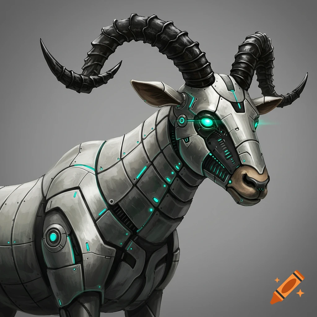 A robotic gnu with glowing eyes and metal armor