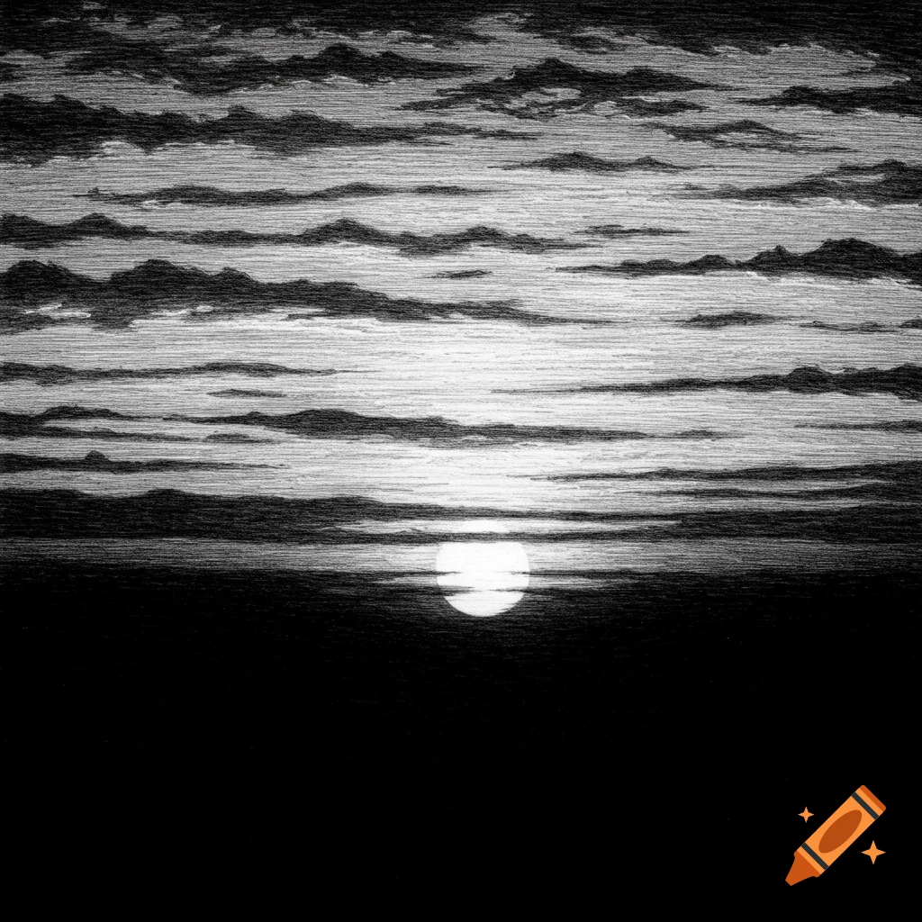 Black and white drawing of a sunset over a dark horizon.