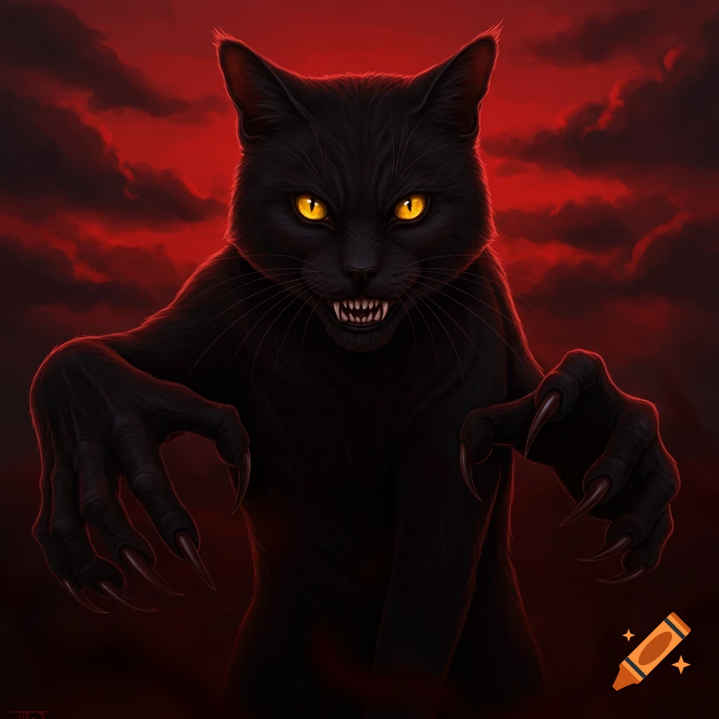 A menacing black cat with glowing eyes, fangs, and claws reaching out against a red, cloudy sky.