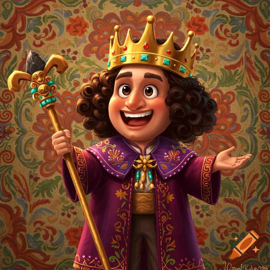 Cartoon king in purple robes and gold crown holding a scepter.