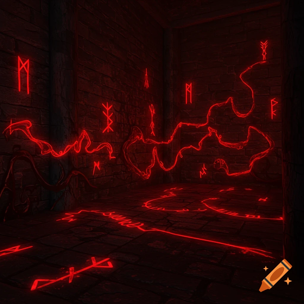 An ominous dark room with glowing red runes on the walls and floor.