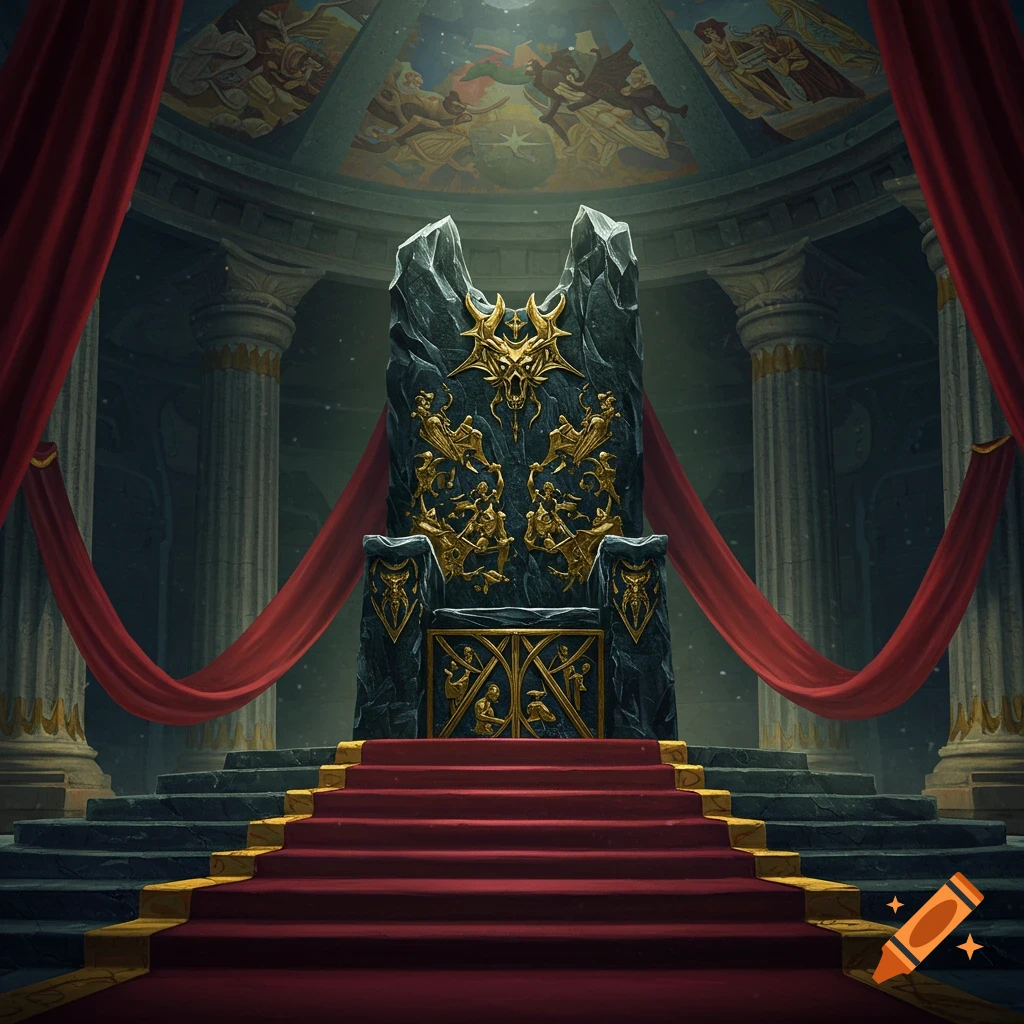 A large stone throne decorated with gold in a grand hall with red curtains and painted ceiling.
