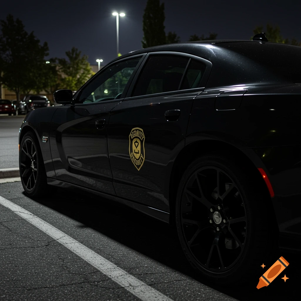 Black Dodge Charger with gold security badge parked in a parking lot at night.