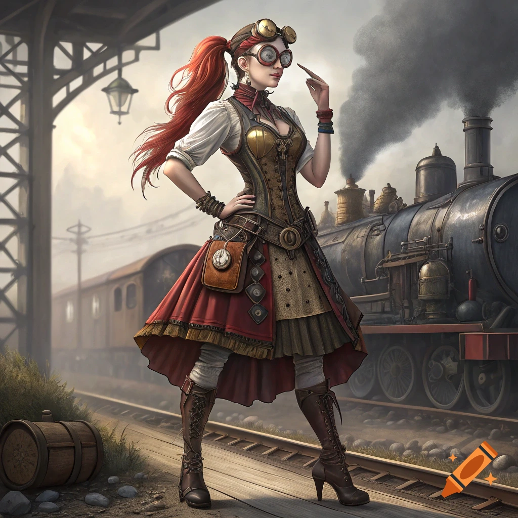 A woman in steampunk attire stands at a train station next to a steam train.