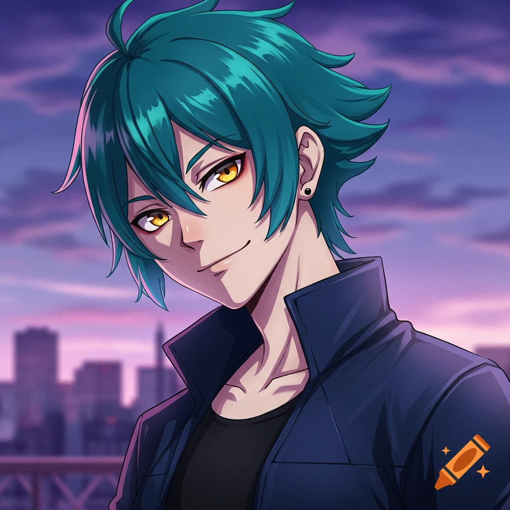 Anime portrait of a person with teal hair and yellow eyes against a city sunset.