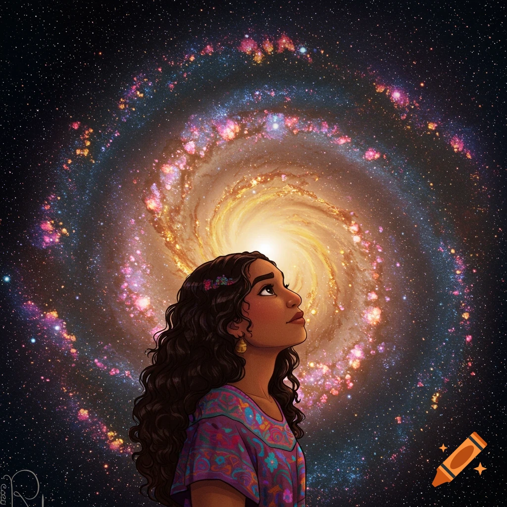 A woman with dark curly hair looking up at a swirling, colorful galaxy.