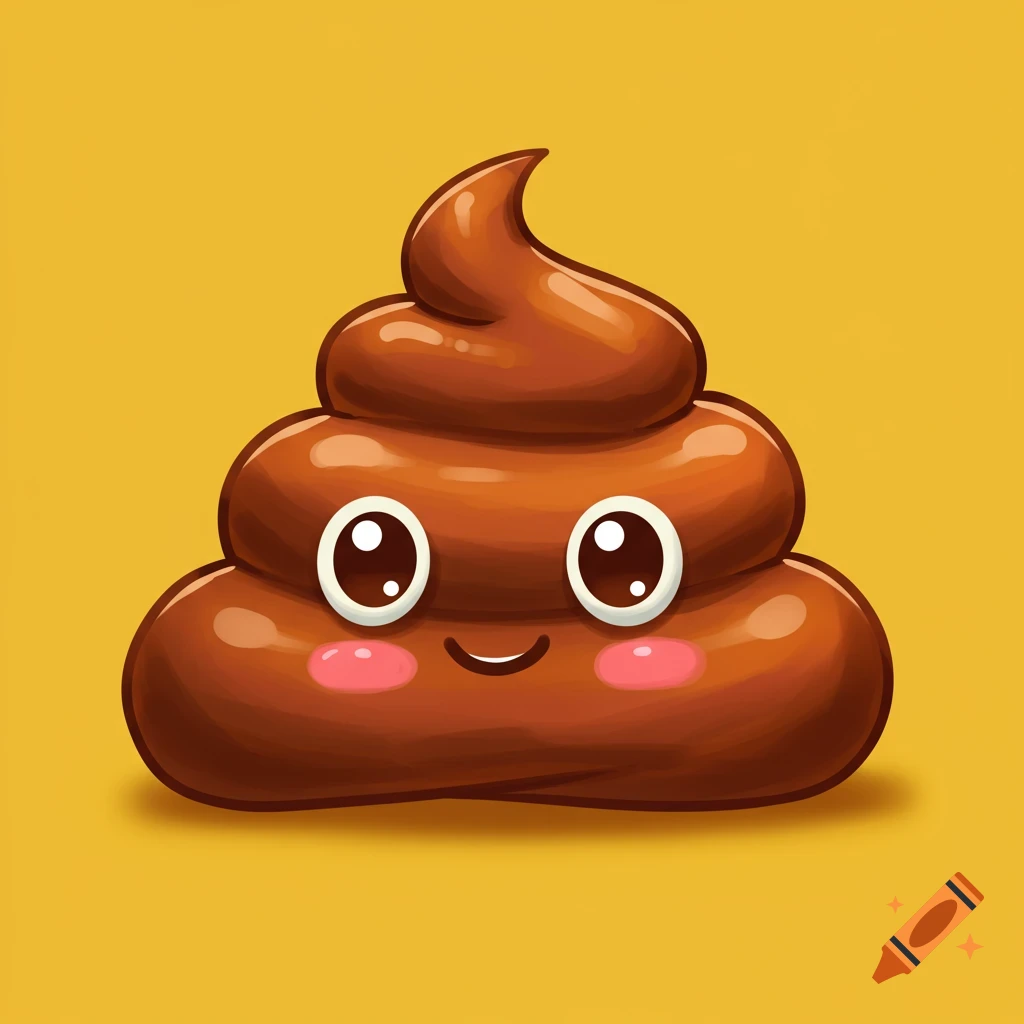 A smiling poop emoji character against a yellow background