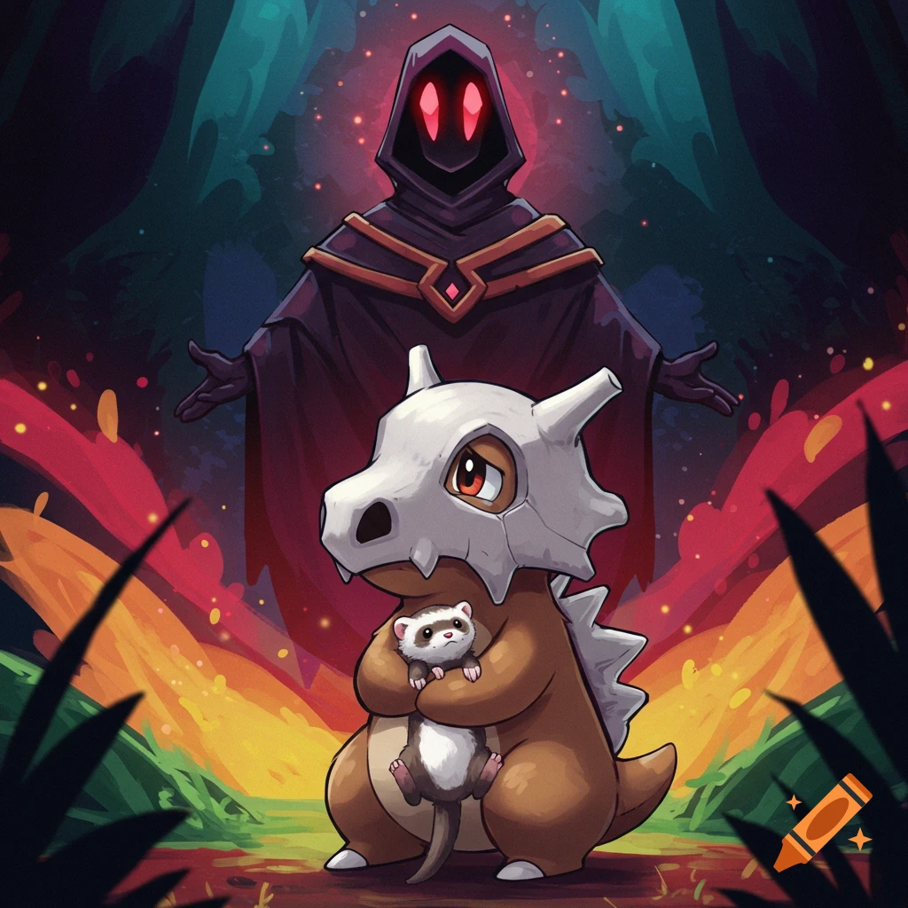 Cubone holds a ferret, looking at the hooded Silent from Slay the Spire.