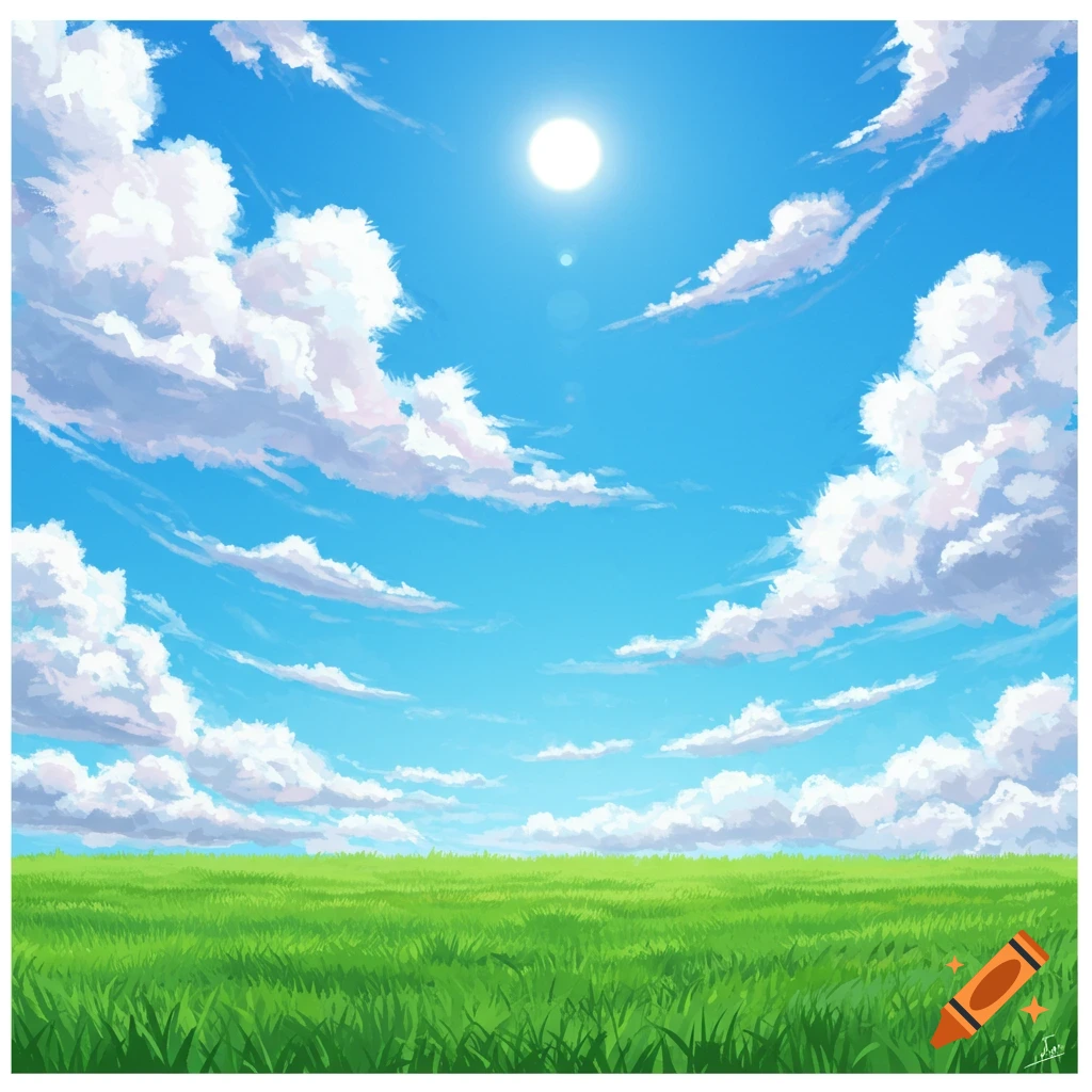 A vibrant scene of a bright blue sky with fluffy white clouds and sun over a lush green field.